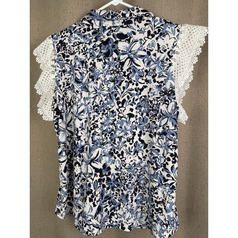 Adrienne Vittadini Floral Lace Sleeve‎ Button-Up Blouse | Blue & White | Size XL - Picture 2 of 4